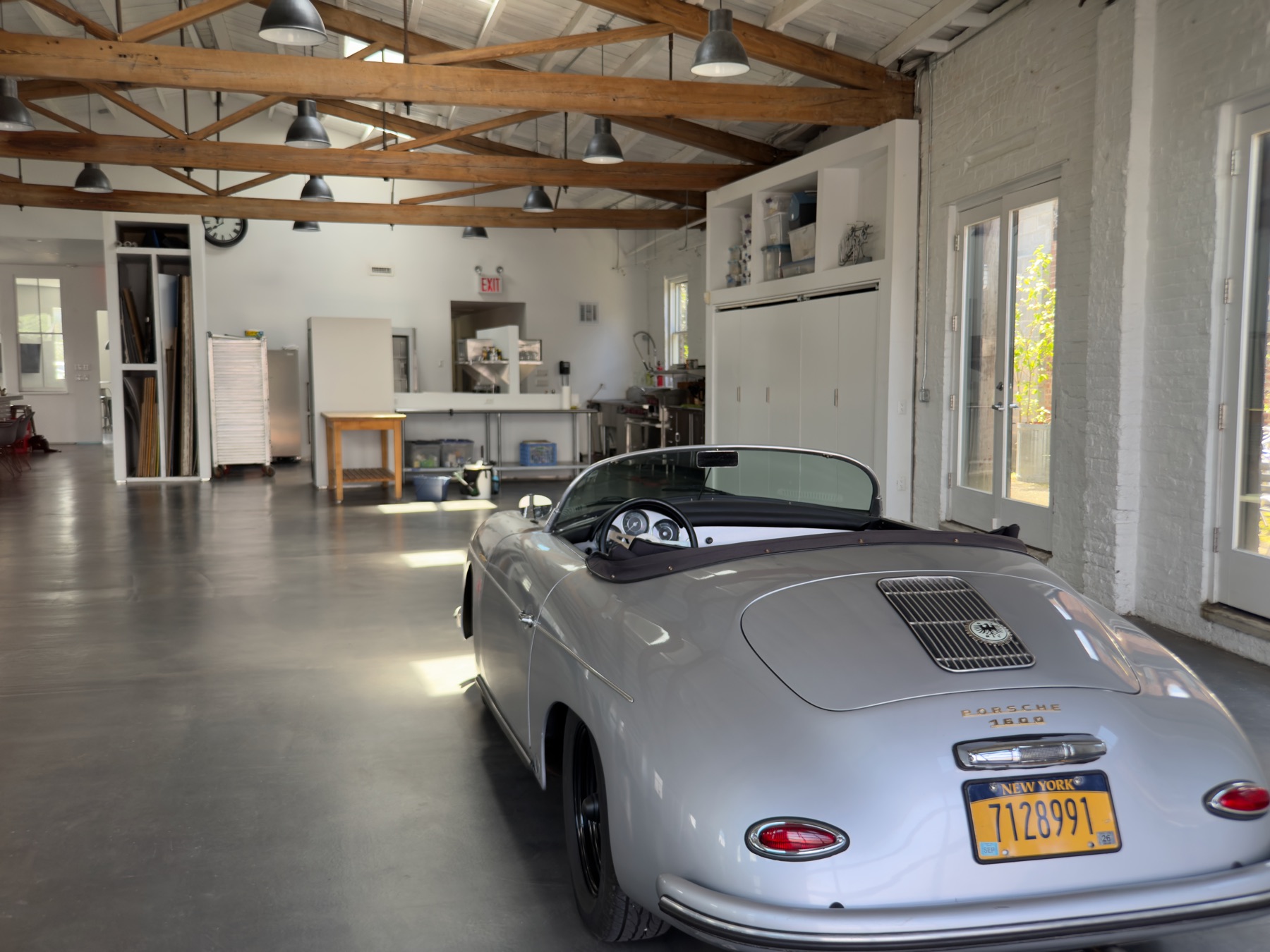 The main studio, drive-in bay open