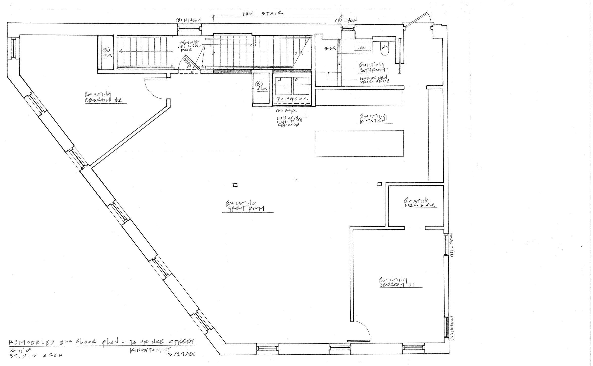 Proposed second-floor plan with great room, kitchen and two bedrooms