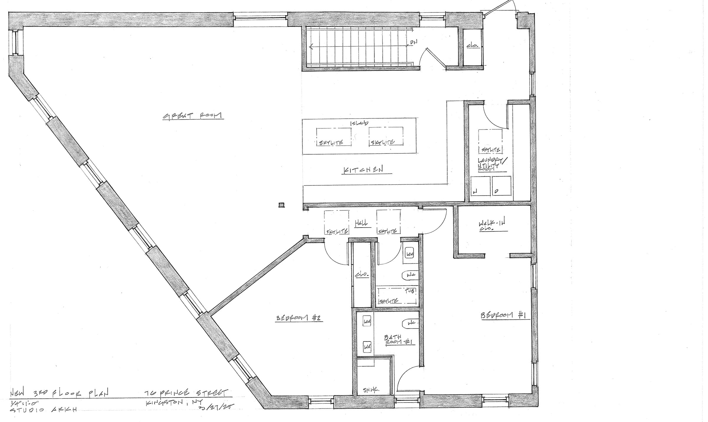 Proposed third-floor plan with great room, kitchen and two bedrooms